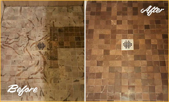 Sir Grout Restores These Dirty Tumbled Marble Floor Before and After Picture of a Heavily Etched Shower Marble Floor Restored