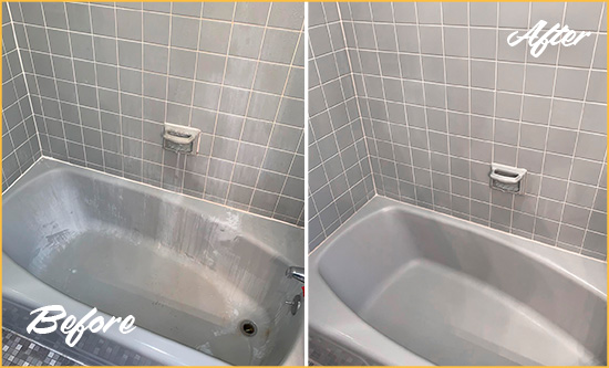 Sir Grout Removed the Mold and Mildew from this Shower with a Tub Recaulking Service Picture of a White and Gold Bath Tub with Mold and Mildew in the Joints Before and After our Tub Recaulking