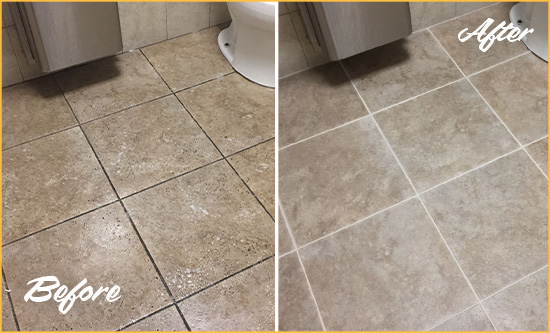 Sir Grout Cleaned this Office Bathroom Grout to Remove Embedded Dirt Before and After Picture of a Bathroom Grout Cleaning on an Office Restroom