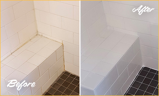 Sir Grout Caulked this Bathroom Shower's Seat Joints and Grout to Replace Old Caulking Before and After Picture of Grout Caulking on the Shower Seat Joints