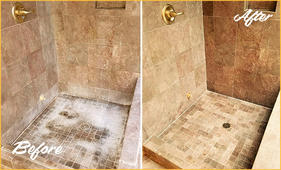 Sir Grout Cleans this Travertine Shower to Remove Soap Scum Picture of a Travertine Shower Before and After Cleaning Service to Remove Soap Scum