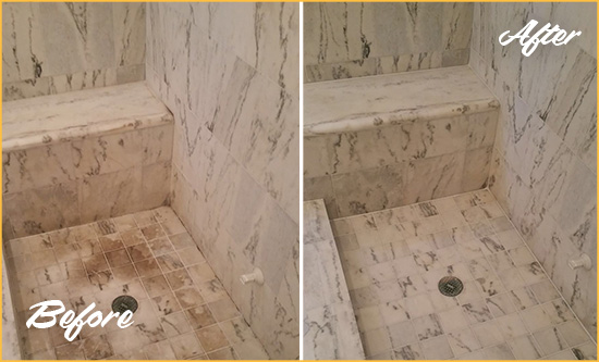 Sir Grout Hones and Polishes this Travertine Shower to Remove Mineral Deposits Before and After Picture of a Travertine Shower Honed to Remove Mineral Deposits