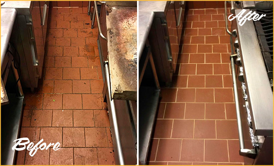 Sir Grout Cleaned the Grout in This Restaurant's Kitchen Floor To Remove Embedded Dirt and Grease Before and After of Grout Cleaning in a Restaurant's Kitchen Floor