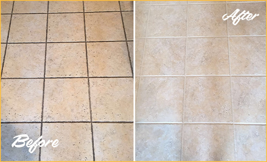 Sir Grout Cleaned the Grout in this Tile Floor with Our Grout Cleaner and Process Before and After Picture of a Tile Floor Grout Cleaning
