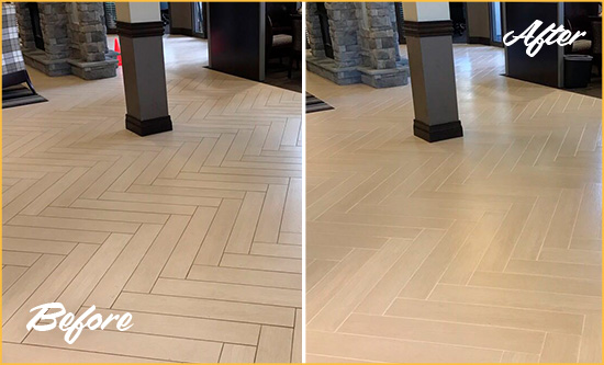 Sir Grout Cleans and Seals This Office Tile Floor Grout Effectively for a Professional Image Before and After of a Grout Sealing in a Lobby Tile Floor