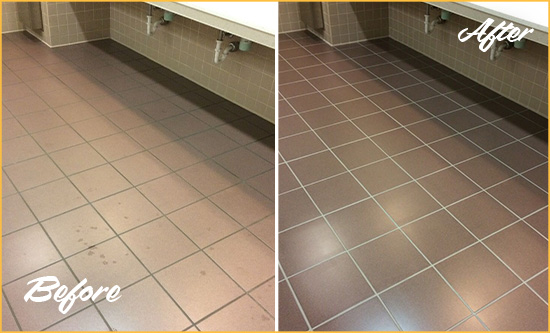 Before and After Picture of a Temecula Restrooms Tile and Grout Cleaned to Remove Embedded Dirt