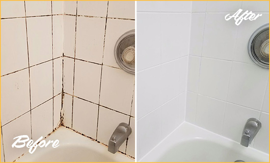 Sir Grout Cleans this Temecula Shower Tile and Grout to Eliminate Mold Before and After Picture of a Temecula Shower Tile and Grout Cleaned to Eliminate Mold