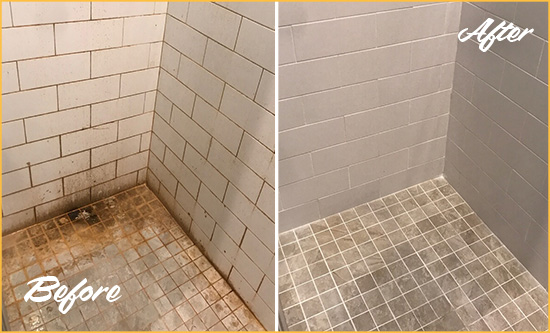 Before and After Picture of a Temecula Shower Tile and Grout Cleaned to Eliminate Mold and Stains