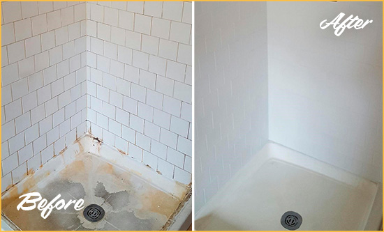Sir Grout Cleans this Temecula Shower Tile and Grout to Remove Soap Scum Before and After Picture of a Temecula Shower Tile and Grout Cleaned to Remove Soap Scum