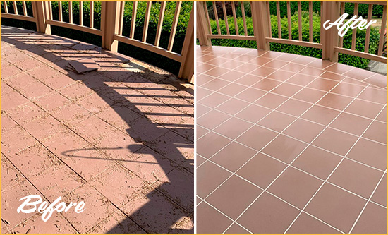 Sir Grout Restored This Worn Out Wildomar Tile Floor Before and After Picture of a Wildomar Hard Surface Restoration Service on a Tiled Deck