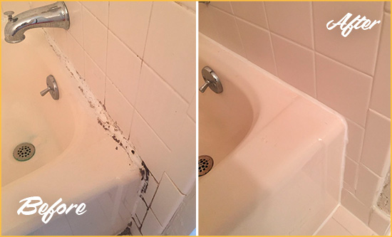 Sir Grout Restored This Wildomar Tile Shower to Repair Damaged Caulking Before and After Picture of a Wildomar Hard Surface Restoration Service on a Tile Shower to Repair Damaged Caulking