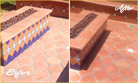 Before and After Picture of a Menifee Hard Surface Restoration Service on a Dull Terracotta Patio Floor to Recover Its Color