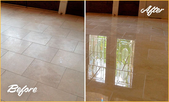 Sir Grout Restored This Wildomar Dull Travertine Floor to Recover Its Splendor with a Stone Polishing Service Before and After Picture of a Wildomar Hard Surface Restoration Service on a Dull Travertine Floor Polished to Recover Its Splendor