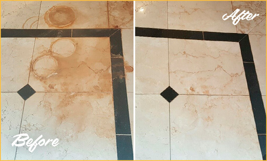 Before and After Picture of a Menifee Hard Surface Restoration Service on a Marble Floor to Eliminate Rust Stains