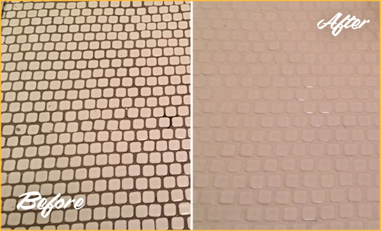 Before and After Picture of a Menifee Hard Surface Restoration Service on a Bathroom Tile Floor Recolored to Fix Grout Color