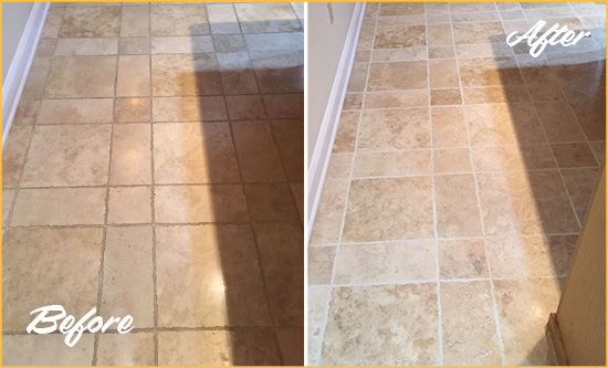 Before and After Picture of Romoland Kitchen Floor Grout Cleaned to Recover Its Color
