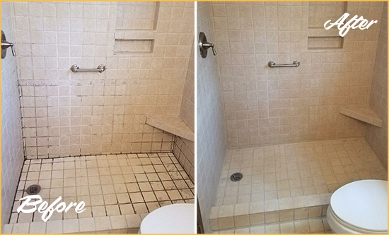 Sir Grout Cleans the Grout on this Romoland Moldy Shower Before and After Picture of a Romoland Shower Grout Cleaned to Remove Mold