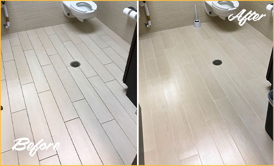 Before and After Picture of a Romoland Office Restroom's Grout Cleaned to Remove Dirt