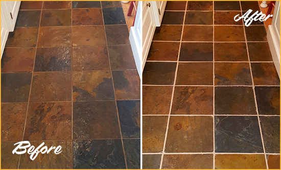 Sir Grout Cleans the Grout on this Romoland Slate Floor Before and After Picture of Romoland Slate Floor Grout Cleaned to Remove Dirt
