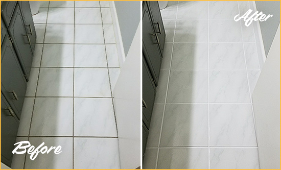 Before and After Picture of a Wildomar Bathroom Floor Grout Sealed to Remove Grime