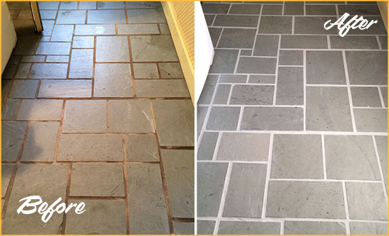 Before and After Picture of Damaged Wildomar Slate Floor with Sealed Grout