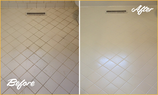 Sir Grout Seals the Grout of this Temecula White Bathroom Floor for Extra Protection Before and After Picture of a Temecula White Bathroom Floor Grout Sealed for Extra Protection