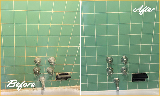Before and After Picture of a Wildomar Bath Tub Grout Sealed to Avoid Water Damage