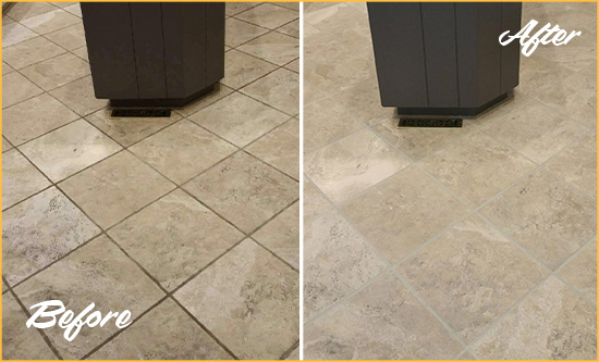 Sir Grout Seals this Stained Temecula Kitchen Floor Grout to Remove Stains Before and After Picture of a Temecula Kitchen Floor Grout Sealed to Remove Stains